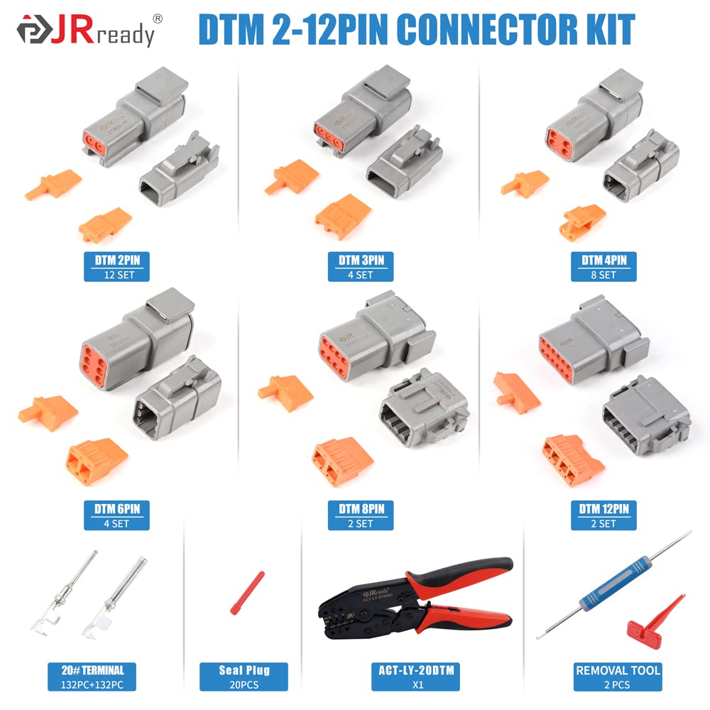 JRready ST6331-20DT 415 PCS Deutsch DTM Connector Kit 2 3 4 6 8 12 Pin Waterproof Connectors, Deutsch Crimp Tool ACT-LY-20DTM, Size 20 Stamped Contacts (16-22 AWG)