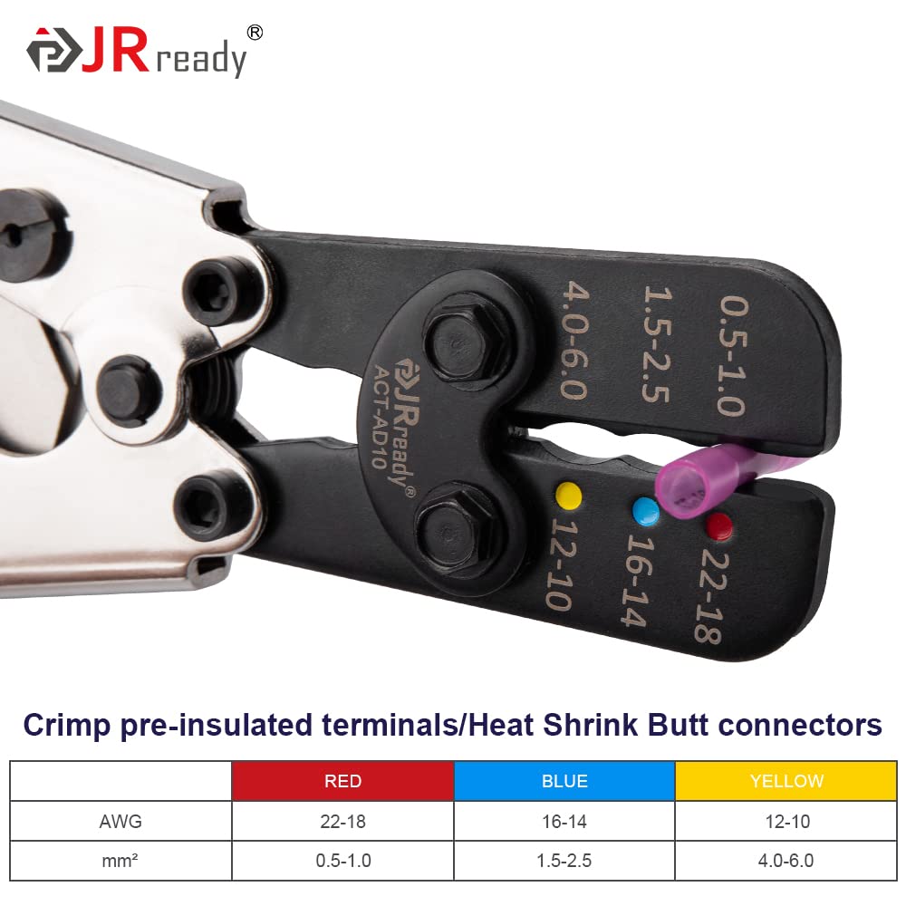 JRready ACT-AD10 Ratcheting Wire Crimper for Heat Shrink connectors, Insulated Terminals and Butt splices in Wire 22-18, 16-14, 12-10AWG