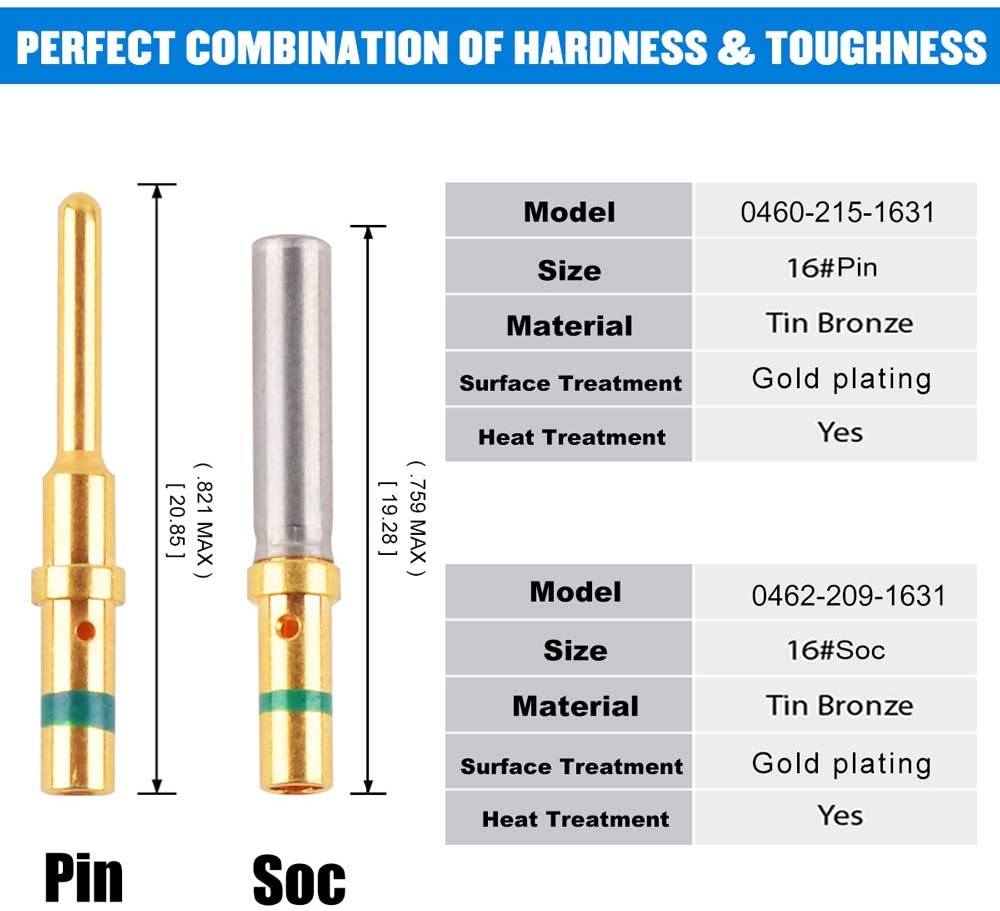 JRready ST6151 Gold-plated 16# Deutsch Solid Pins :  0460-215-1631 Deutsch Gold Pins & 0462-209-1631 Sockets, 12 Pairs