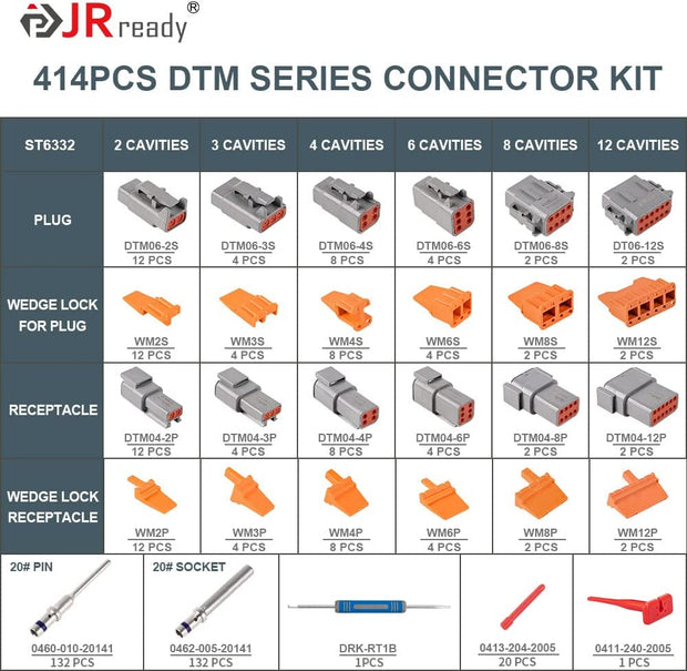 JRready ST6332 414PCS Deutsch DTM Connector Kit in 2, 3, 4, 6, 8, 12 Pin Gray Waterproof DTM Connectors, Size 20 Solid Contacts Wire