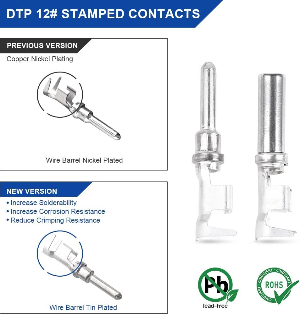 JRready ST6334 DTP Connector Kit, 2 Pin & 4 Pin Waterproof Electrical Connectors 5 Sets with Size 12 Stamped Contacts 14-12AWG