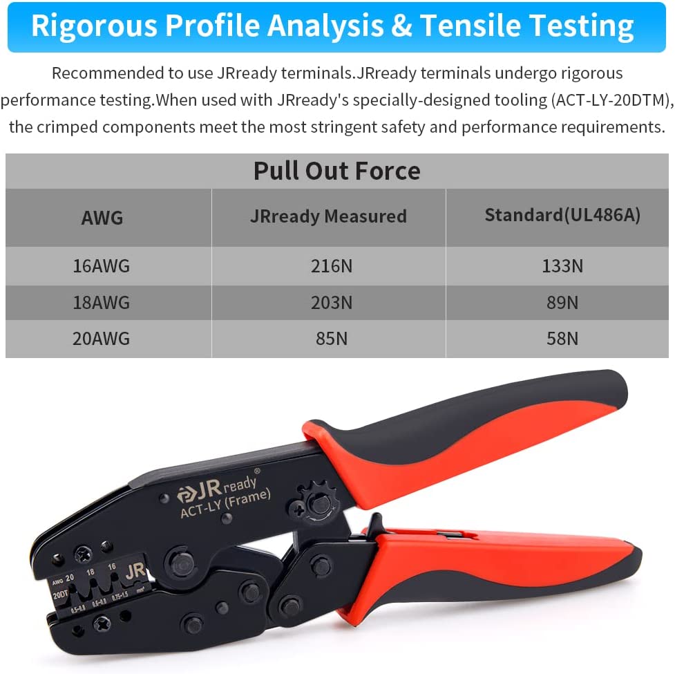 JRready ACT-LY-12DTP / ACT-LY-16DT / ACT-LY-20DTM Open Barrel Terminal Crimper for JRready / Deutsch DTP DT DTM Series 12#, 16#, 20# Stamped Formed Contacts