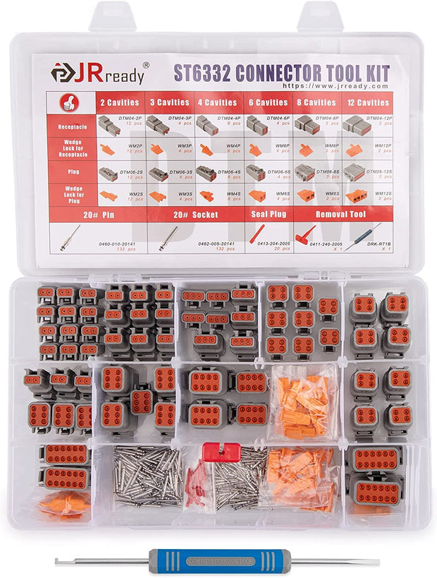 JRready ST6332 414PCS Deutsch DTM Connector Kit in 2, 3, 4, 6, 8, 12 Pin Gray Waterproof DTM Connectors, Size 20 Solid Contacts Wire