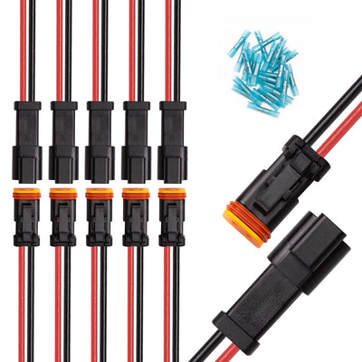 JRready ST9020 6 Sets DT Pigtail 2 Pin Connector Kit, Car Waterproof Wire Connectors with 24 pcs Heat Shrink Butt connectors, 14AWG Wire Harness Plug Socket Kit for Light bar Connector