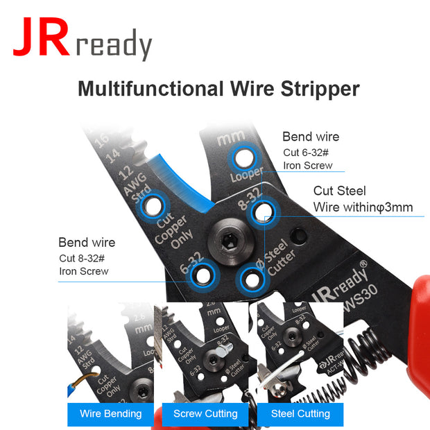 JRready ACT-WS30 Multifunctional Precision Wire Stripper Crimper Cutter, Strip Wire Solid 10-18 AWG, Stranded 12-20 AWG,Crimp 8-16 AWG Terminal, Cut Steel Wire