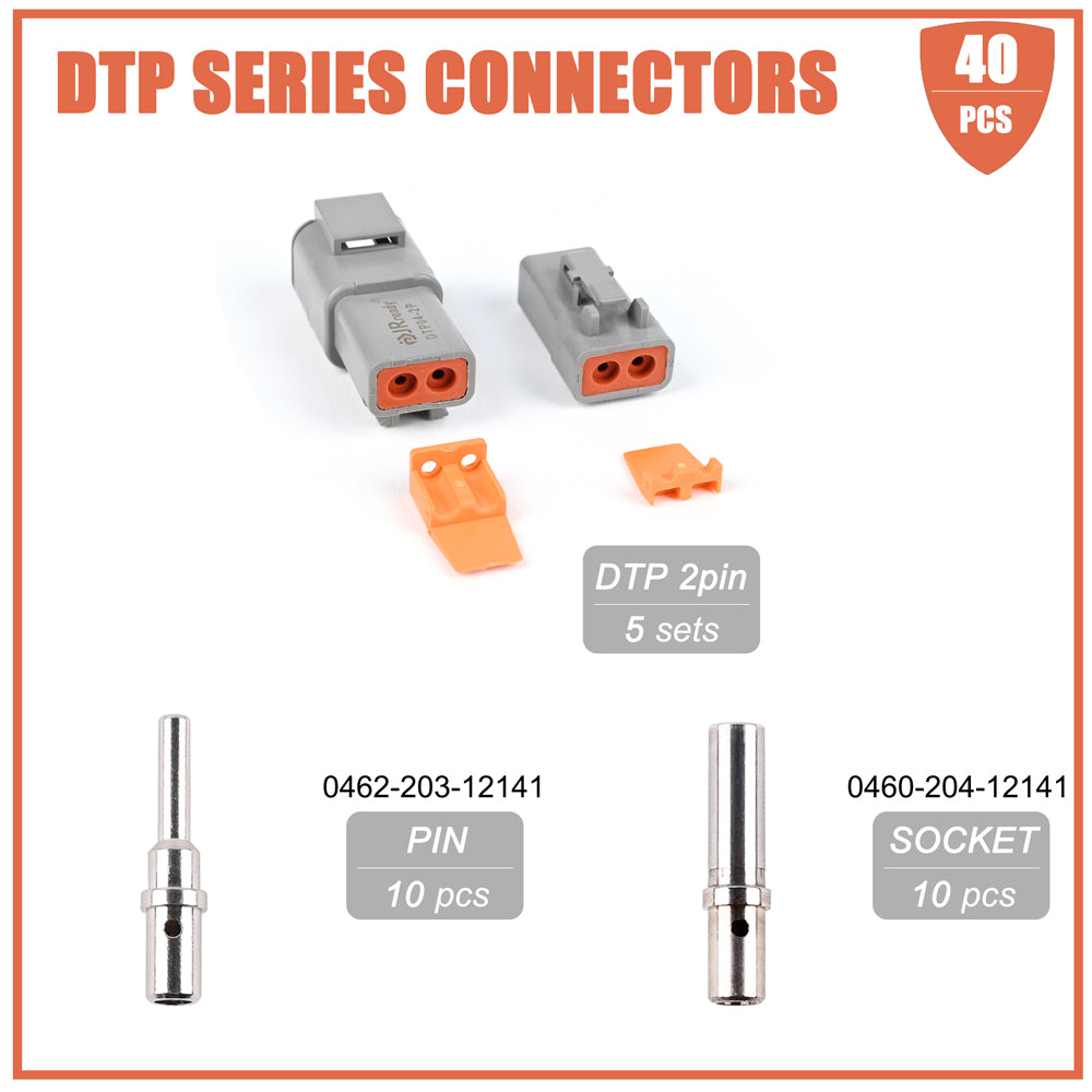 JRready ST6284 DTP Connector Kit 5 Sets, 2Pin Waterproof Electrical Connectors Kit with 10 Pair 14-12AWG(2.0-4.0mm²) Solid Contacts Male and Female Closed Barred Terminal Kit (2pin-5Sets)