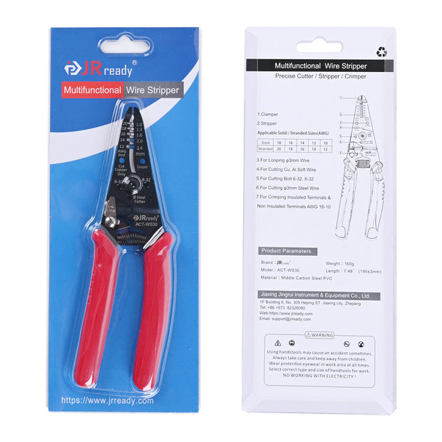 JRready ACT-WS30 Multifunctional Precision Wire Stripper Crimper Cutter, Strip Wire Solid 10-18 AWG, Stranded 12-20 AWG,Crimp 8-16 AWG Terminal, Cut Steel Wire