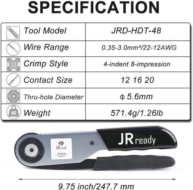 JRready ST2158 KIT: JRD-DT2 Deutsch Crimper with TH-DT Turret Style Positioner for Deutsch Solid Barrel Contact 12 16 20 Deutsch DT, DTM, DTP Connectors, 12-22AWG