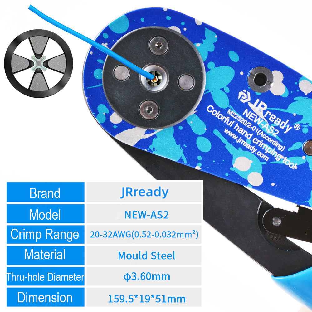 JRready ST2060-AS2: NEW-AS2 (Small 615717 M22520/2-01)Crimp Tool+7 M22520/2 Positioners & Universal Positioner+G125 M22520/3-1 Gage 20-32AWG