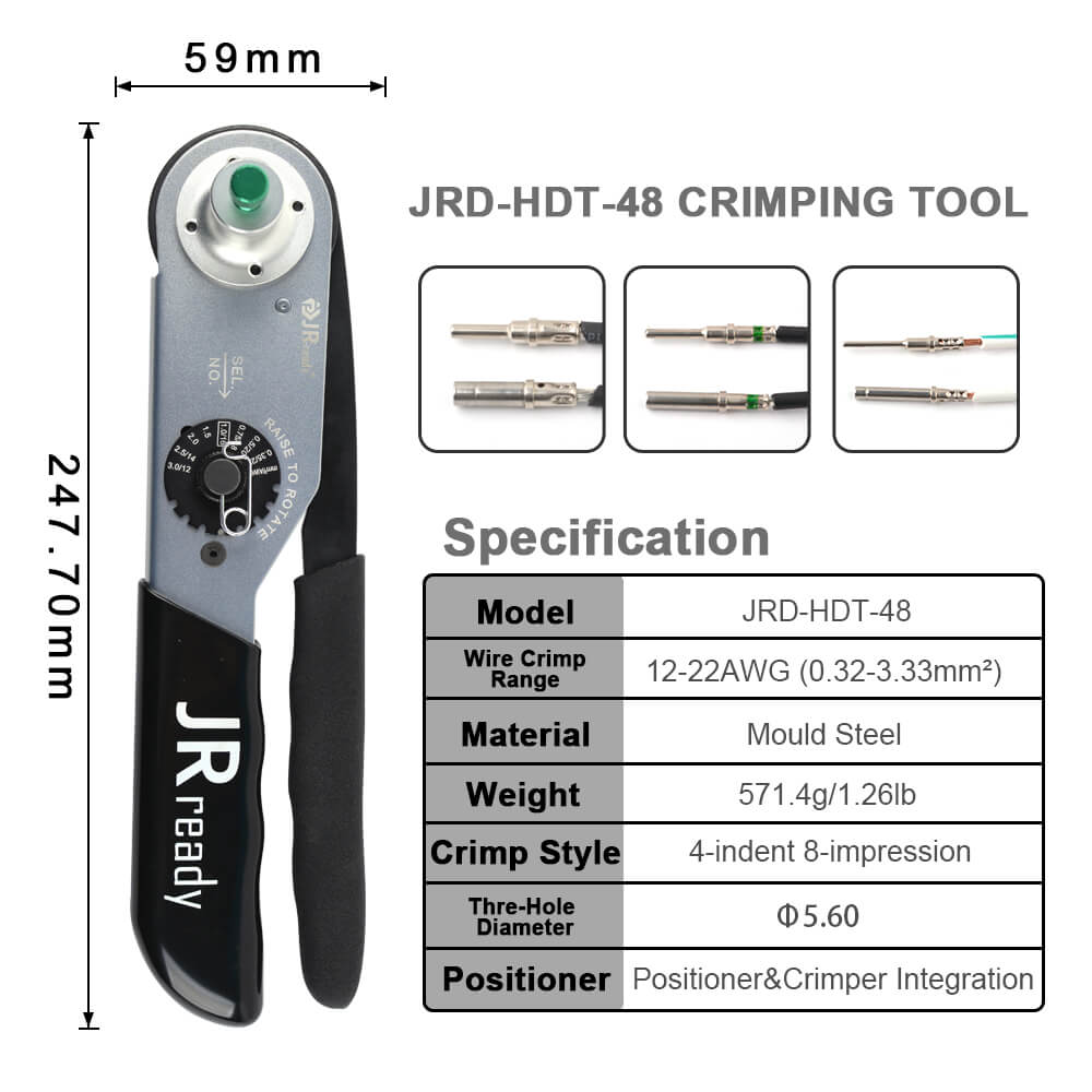 JRready JST2109S JRD-HDT-48 Closed Barrel Crimper Kit with IDEAL 45-120 Wire Stripper & G454 Gage & DRK-RT1 Removal tool Work with DT,DTM,DTP Connector 12#, 16#, 20# Solid Contacts