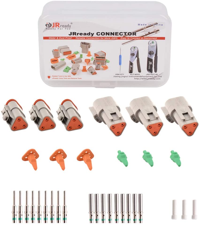 JRready ST6113 DT Connector 3 Pin Gray Waterproof Electrical Connector with 16# Solid Terminal and Seal Plug, 3 Pairs